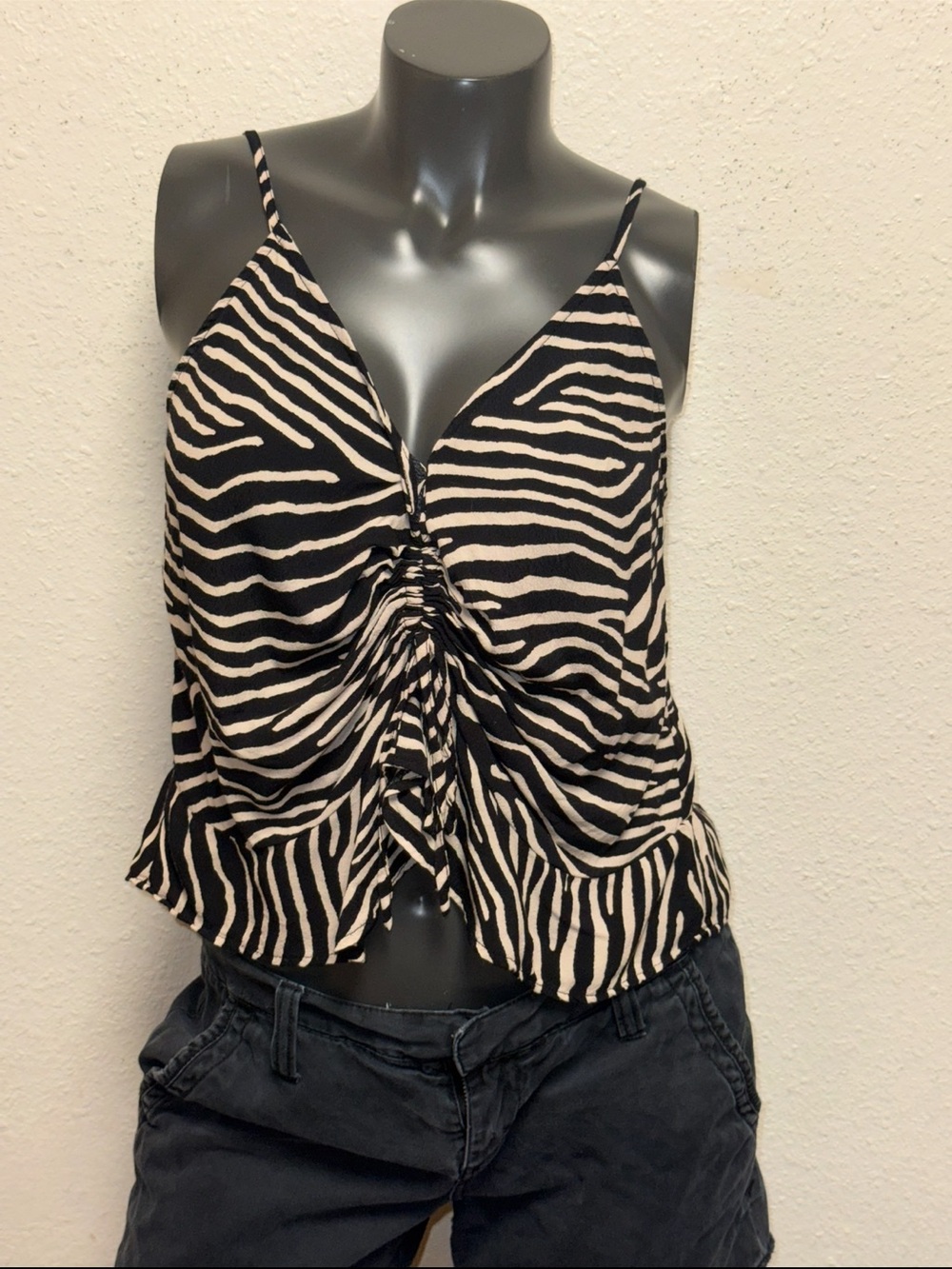 H&M Black & Cream Zebra-Print Ruched Cami